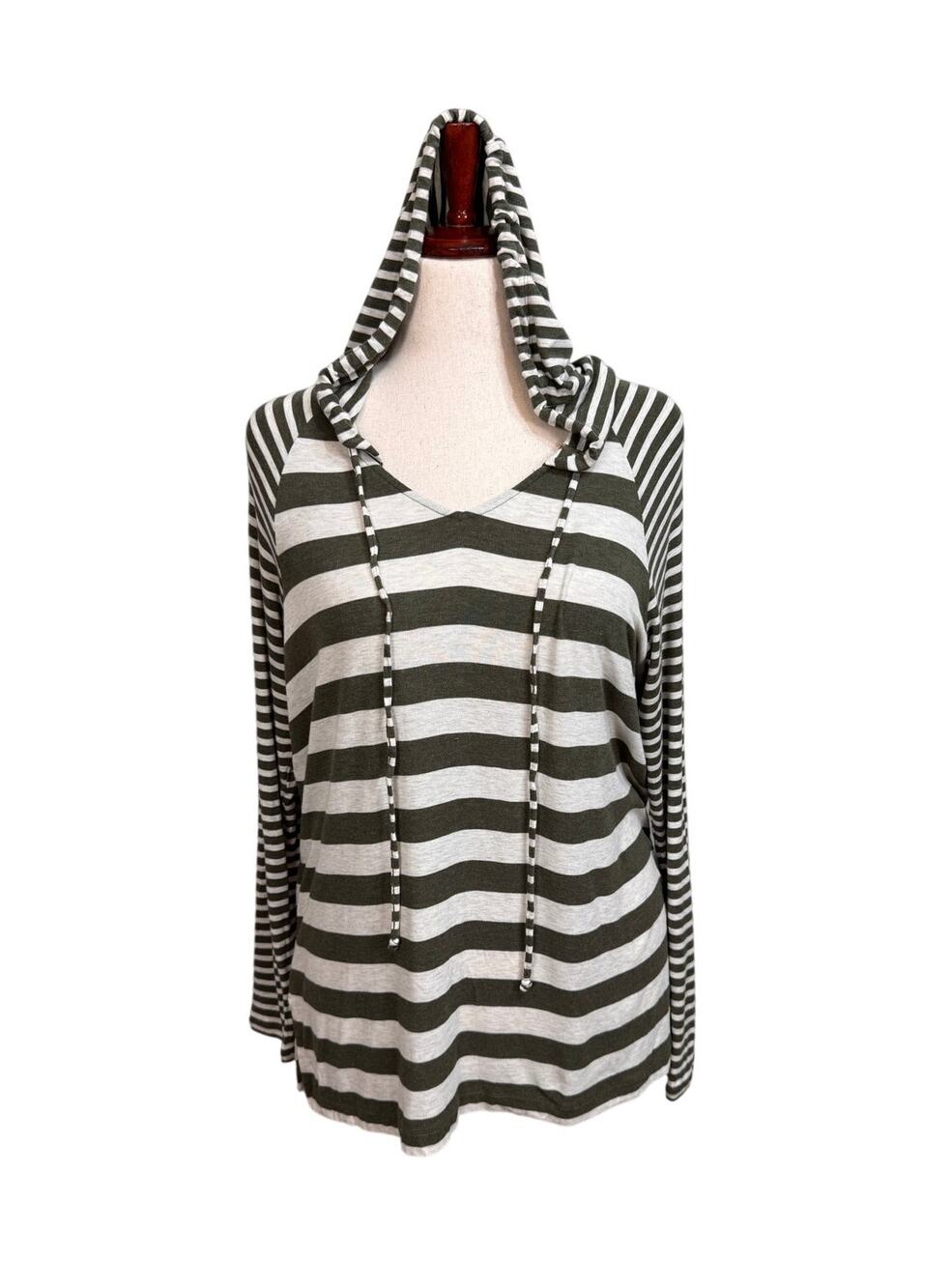 CAbi Playoff hooded pullover top green & cream stripe long sleeve open neck sz S
